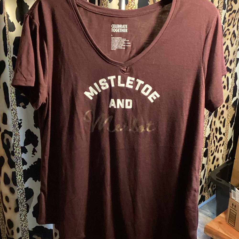 Celebrate Together Women's Maroon Tee “Mistletoe and Merlot”